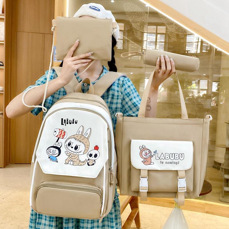 4pcs Sets LABUBU School Backpack Cute Cartoon Large-capacity Student Class Bag Junior High School Student School Bag High-value Four-piece Backpack