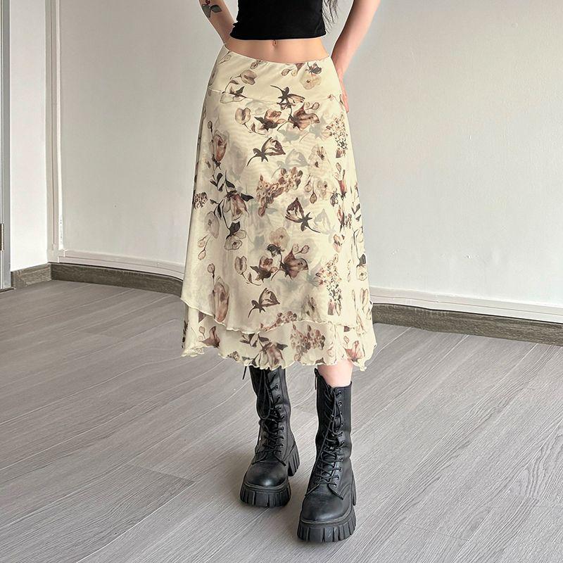 Damenmode Bedruckter Milchseidenrock Niedrige Taille Schlankmachend Heißes Mädchen Mittellang