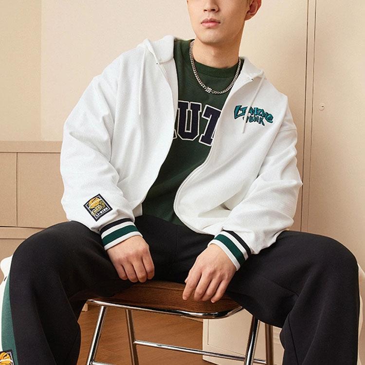 Li-Ning Sports Fashion Series Letter Logo Print Zip Hoodie Men Tops White AWDT549-1