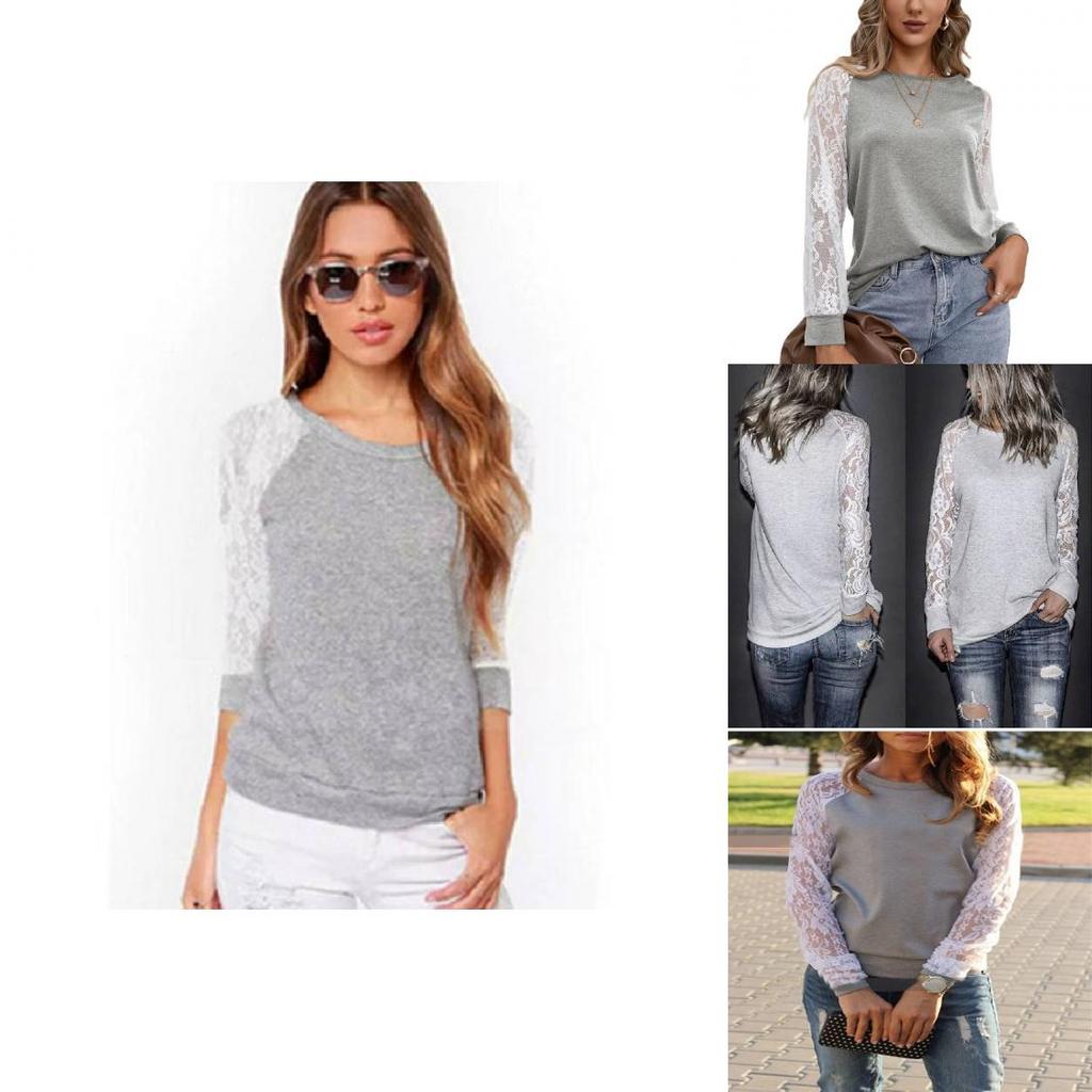 Korean Style Womens Lace Panel Long Sleeve Slim Fit Blend Round Neck Casual Top