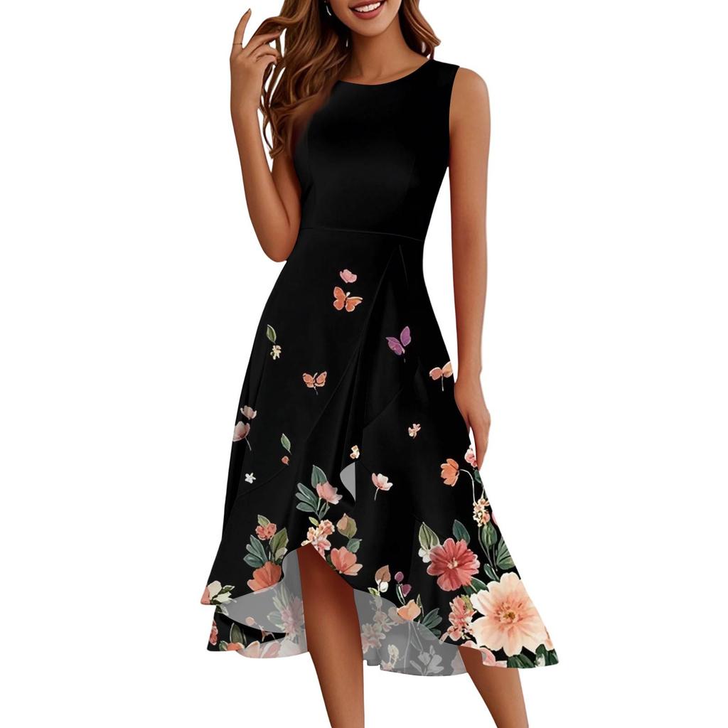 Damenmode Lässig Reißverschluss Ärmellos Rundhals Bedruckt Elegant Temperament Rüschenkleid Kleider