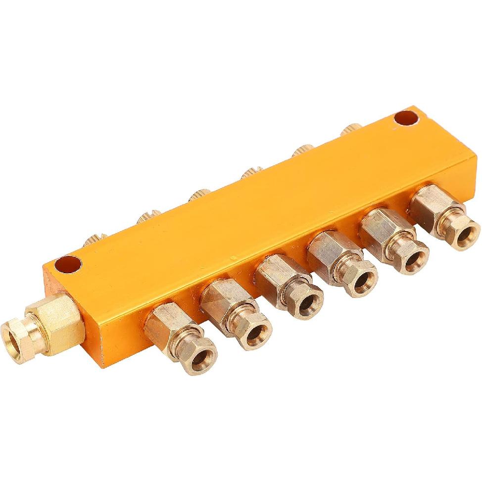 Brass Oil Distributor 5/6 Way Adjustable Lube Oil Piston Distributor Value Manifold Block for Centralized Lubrication System(1 in 6 Out)