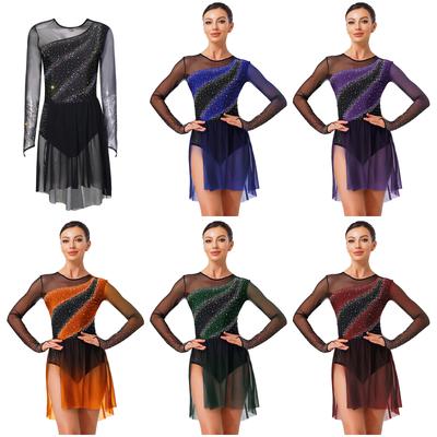 Womens Contrast Color Rhinestones Leotard Dress Gradient Mesh Skirt Shiny One Piece Dancewear