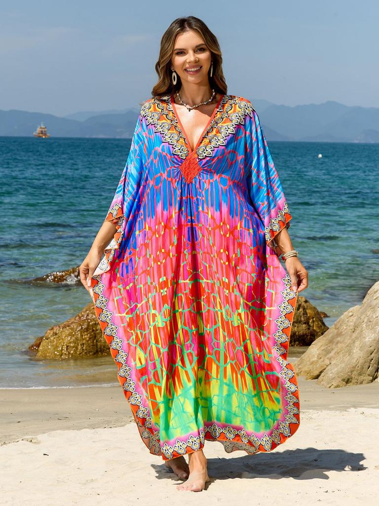 Beach Kaftans for Women Butterfly Printed Plus Size Cover Ups for Swimwear Maxi Dresses Summer Holiday Bathing Suits