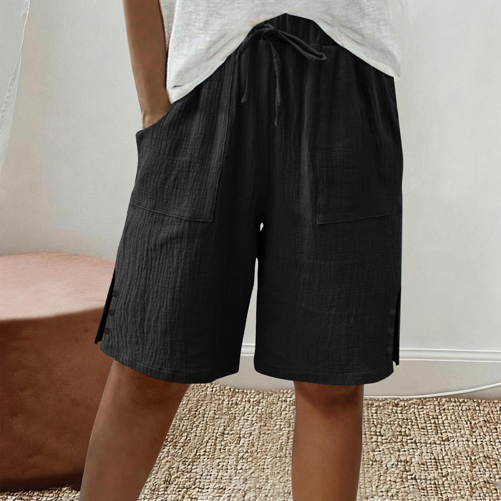 Women's Large Shorts Summer Casual Wide Leg Knee High Waist Cotton Pocket Long Shorts
