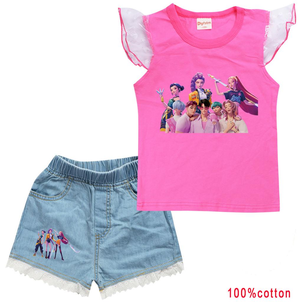 

Детский Девочки Аниме Мультфильм Суперзвезда Руми Зои Мира ПОП Певица Принт Сетка Футболка с короткими рукавами Джинсовые шорты Комплект одежды 160cm розы красного
