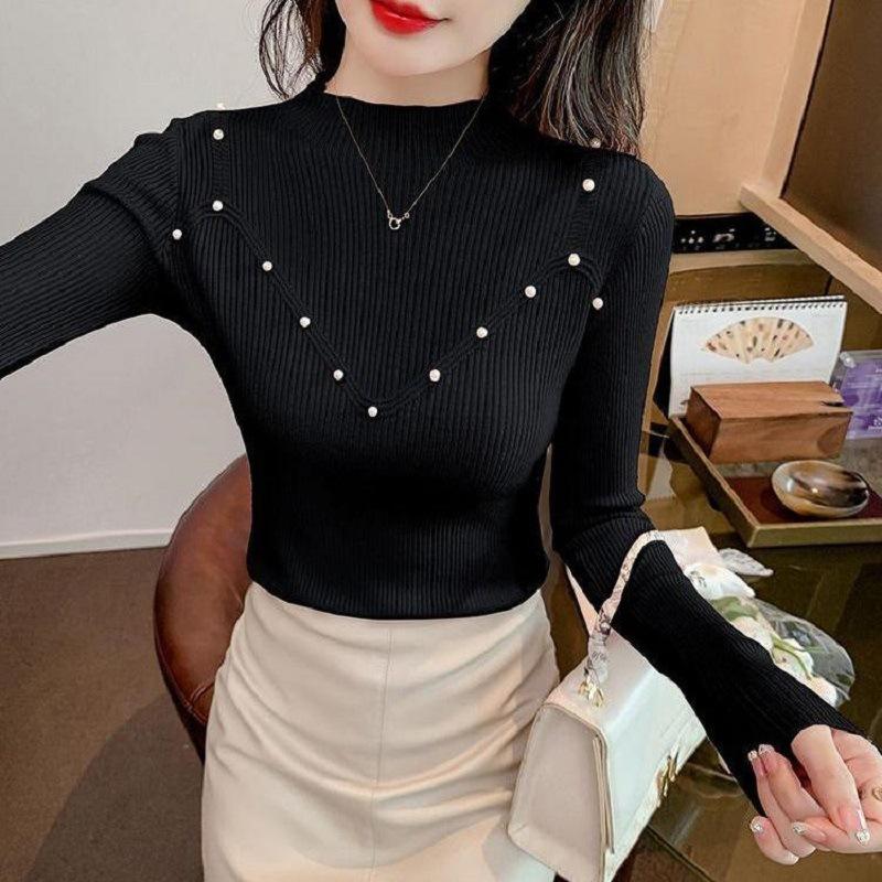 

Slim-fit bottoming shirt women s tight-fitting high-end temperament elegant beaded semi-turtleneck long-sleeved bottoming shirt women s outerwear 48-171 (average size) чорний