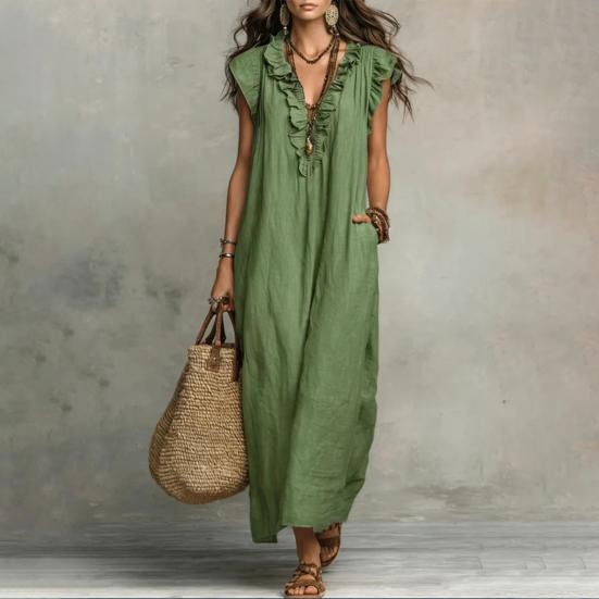 Summer Sleeveless Maxi Dress for Women Casual Deep V Neck Ruffle Long Dress Boho Beach Flowy Sundress with