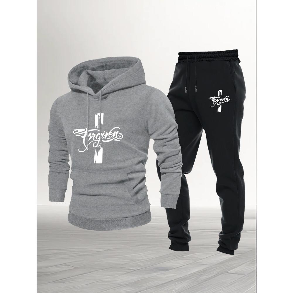 Men s Minimalist Style Letter Print Hoodie and Pants Set, Casual Sweatshirt Drawstring Pants Set, Men s 2pcs Outerwear for Autumn and Winter S