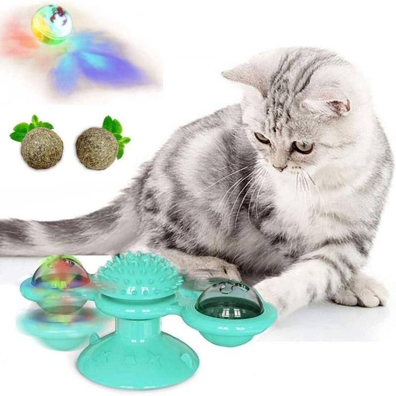 Cat Windmill Toy Funny Massage Rotatable Cat Toys with Catnip LED Ball Teeth Cleaning Pet Products
