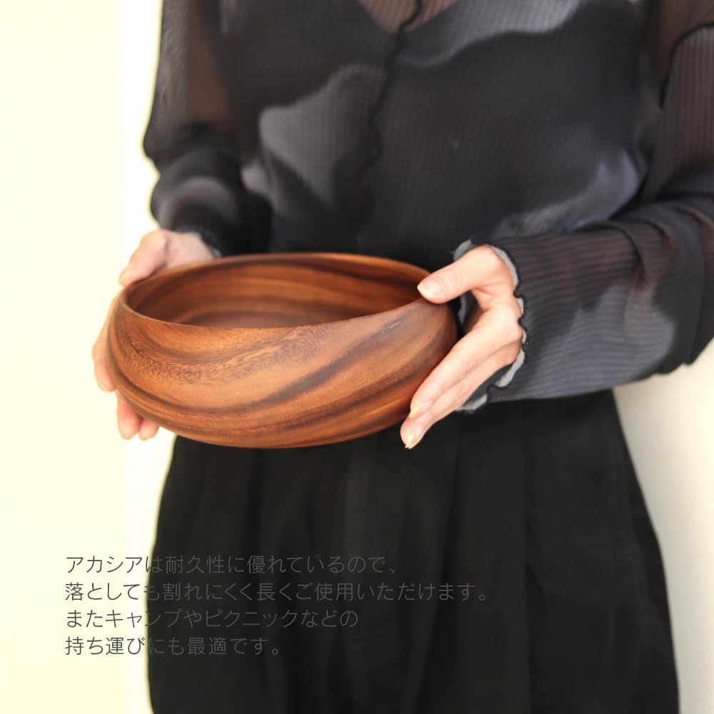 2er Set: Fuji Boeki Runde Akazienholzschalen (XL) x 2, Teller, Speiseteller, Holztabletts, Nordischer Stil