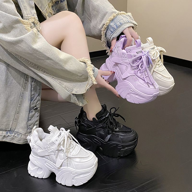 

Женские прогулочные кроссовки, обувь на массивной платформе со шнуровкой, дышащая кожаная обувь, повседневная обувь на танкетке 10 см