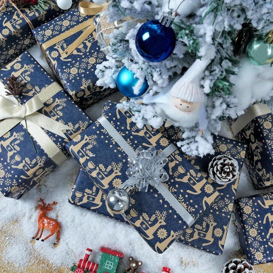 1 Rolle Weihnachtsgeschenkpapier Schneeflocke Rentier Aufdruck Marineblau Kraftpapier für Weihnachten Neujahr Winterurlaub