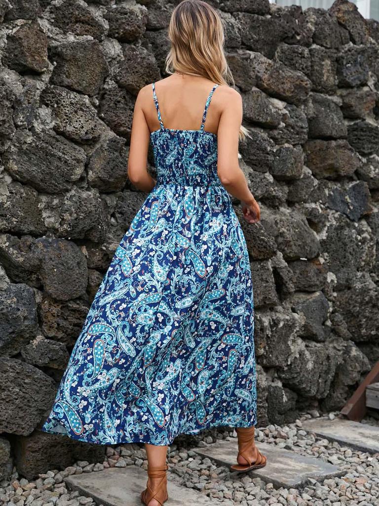 2023 Summer Bestseller: Women's V-neck Spaghetti Strap Print Dress - European & American Style, Waist-Cinching Design