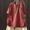 Johnature Women Vintage T-shirts Summer Chinese Style O-Neck Short Sleeve Pockets Solid Color Female T-Shirts