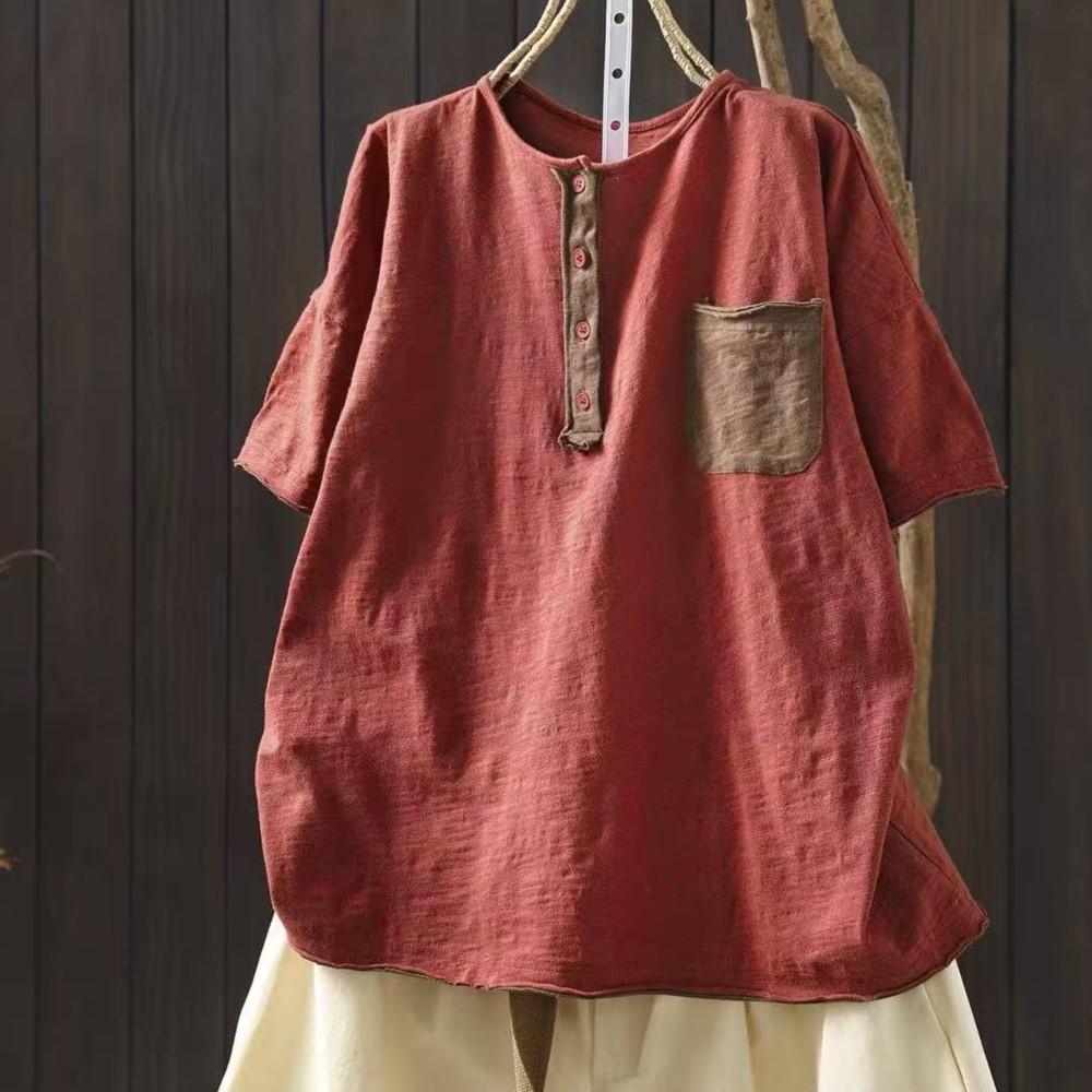 Johnature Women Vintage T-shirts Summer Chinese Style O-Neck Short Sleeve Pockets Solid Color Female T-Shirts