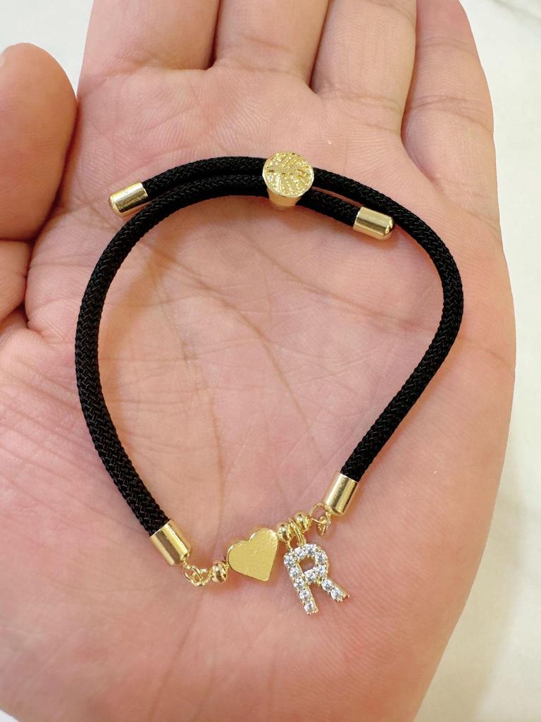 Classic A-Z Initial Heart Bracelet with Zircon on Adjustable Black Cord