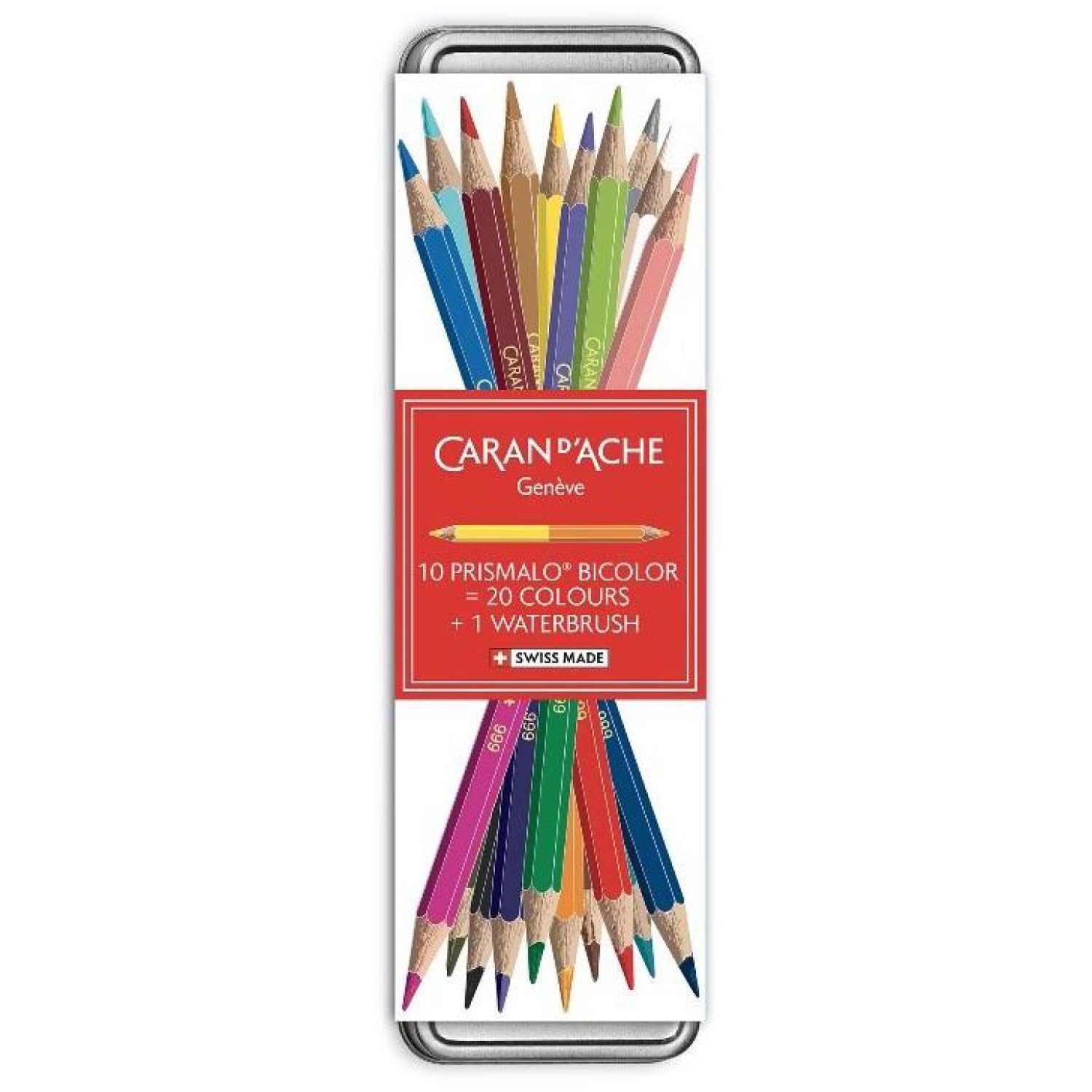 

CARAN D ACHE Water-Soluble Prismalo Bicolor Set Give a Little Joy CC0999-311, 20 Colors (10 Pencils + 1 Water Brush), Metal Tin, Officially Imported