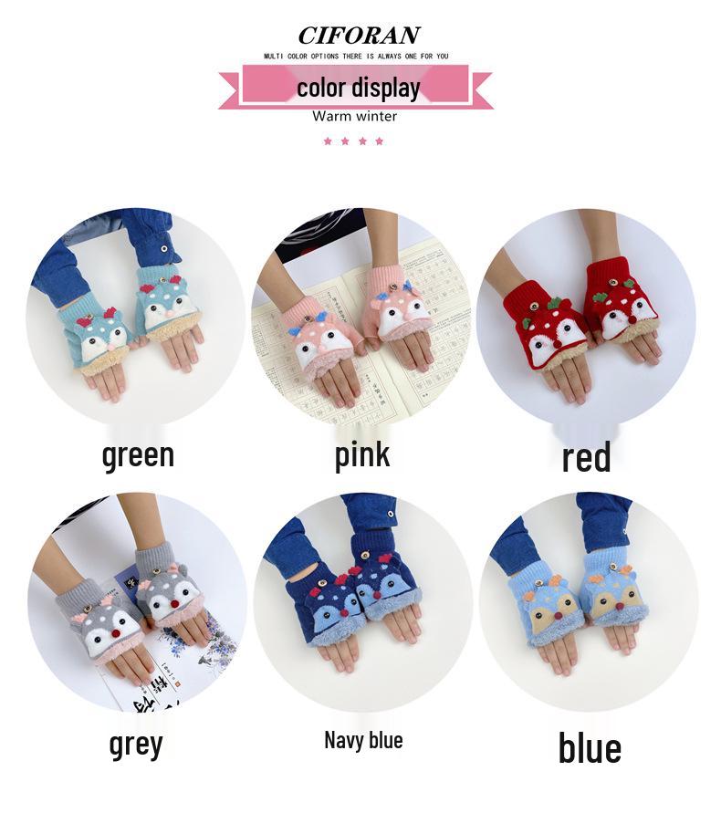 Children's Winter Cartoon Reindeer Flip-Top Half-Finger Gloves, Ages 4-10, Boys & Girls, Plus Velvet, Thick Cotton, Warm.