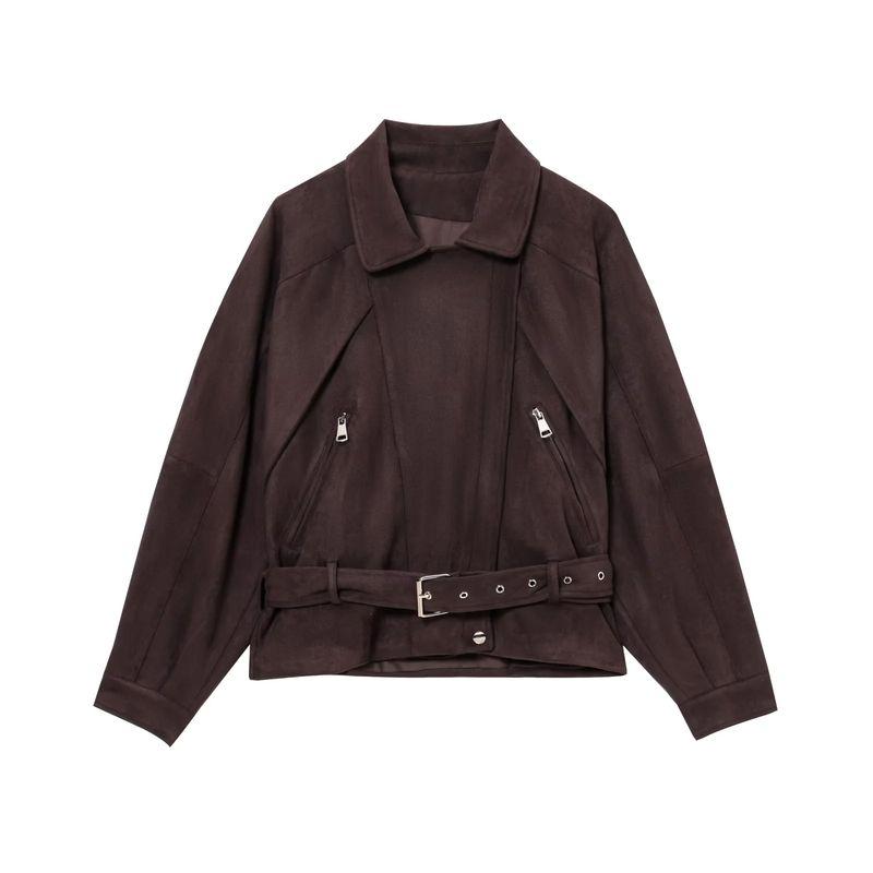 

Spring and Summer New Women s Clothing Loose Polo Collar Long Sleeves Suede Locomotive Style with Belt Short Jacket Dark red L