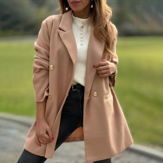 Women's Trench Coat Notch Lapel Double Breasted Mid Long Pea Coat with Pockets Long Sleeve Fall Winter Outwear
