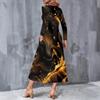Women Plus Size V Neck Long Sleeve Colorful Printed Pockets A Line Midi Dress