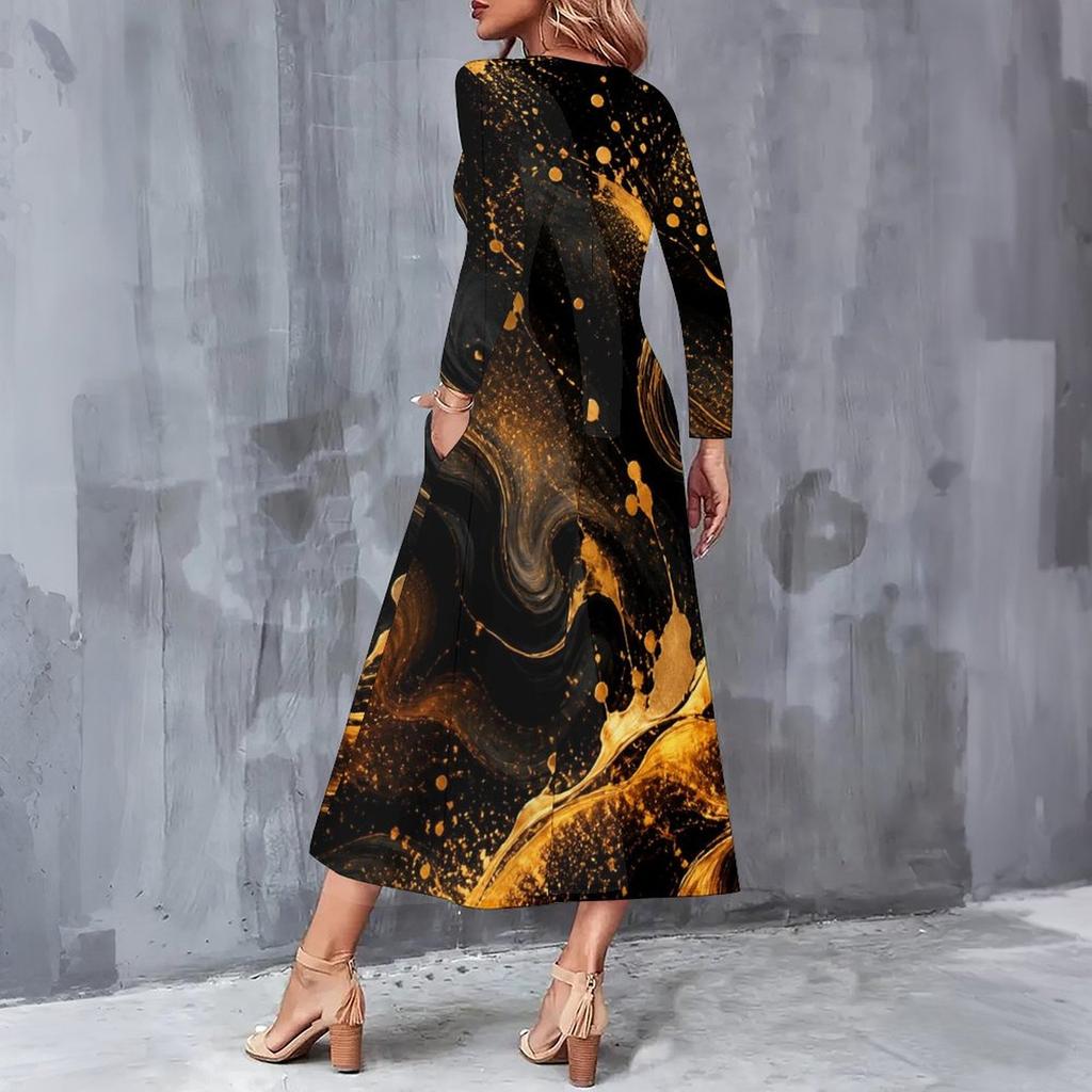 Women Plus Size V Neck Long Sleeve Colorful Printed Pockets A Line Midi Dress
