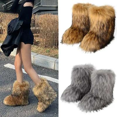 Damen Kunstfell Stiefel Winter Flauschige Plüsch Warme Mid-Calf Schneestiefel Luxus Mode Pelzige Stiefel Bequeme Outdoor Flache Schuhe
