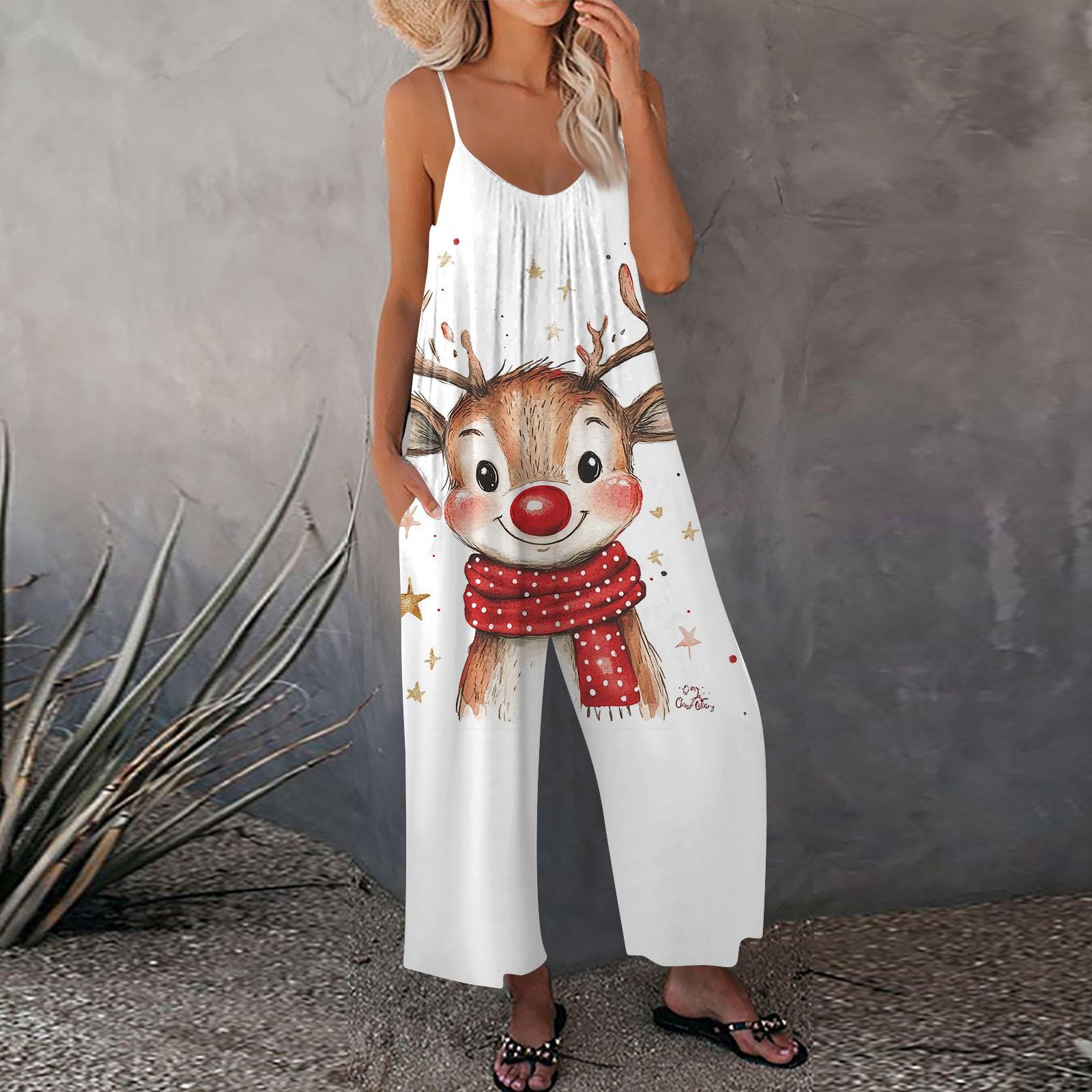 

Женский рождественский принтованный комбинезон, свободный, с регулируемыми подтяжками XL белый