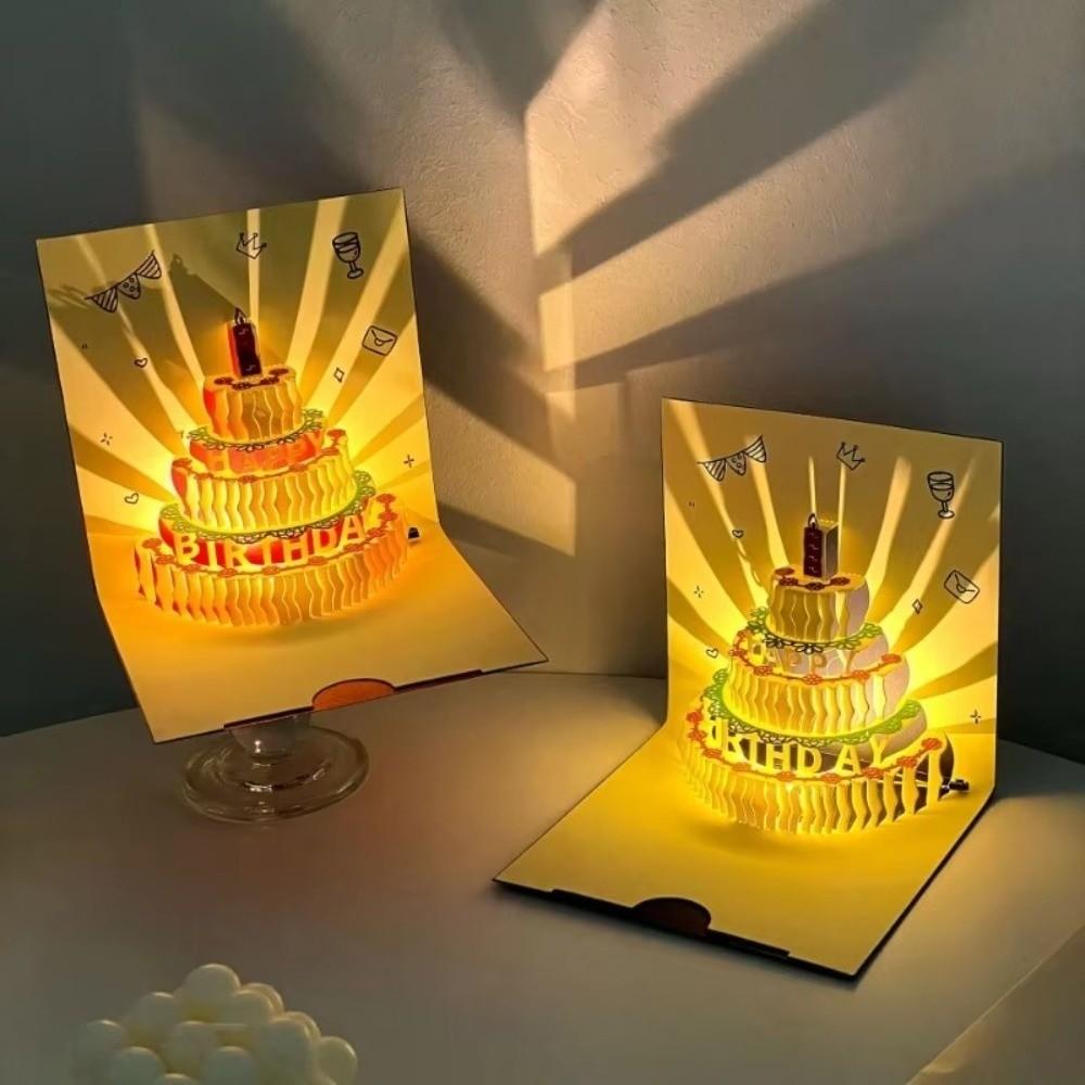 Hollow Carving 3D Cake Birthday Card Folding Unique LED Light Pop-Up Card with Envelope Funny Birthday Cake Postcards