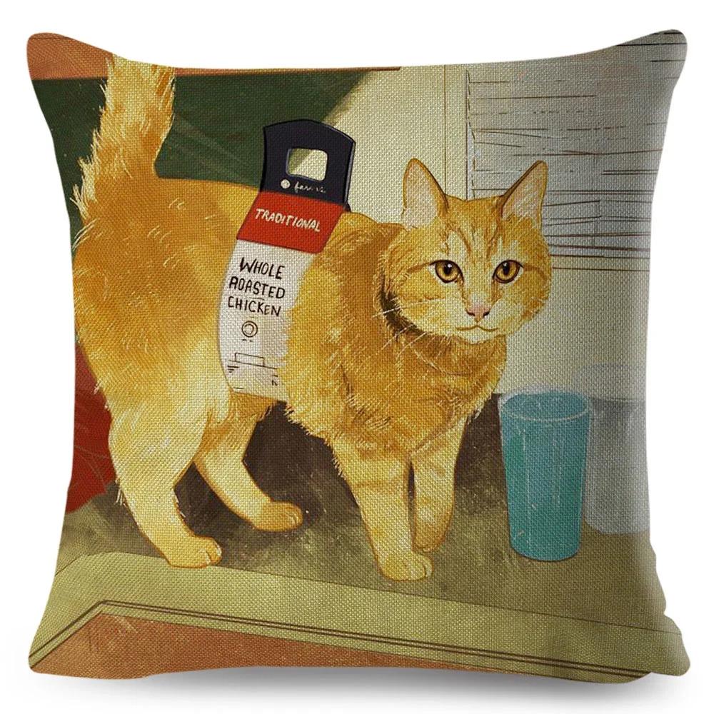 Olejomalba Roztomilá Kočka Povlak na Polštář Dekor Barevný Kreslený Domácí Zvíře Povlak na Polštář Polyesterový Povlak na Polštář na Pohovku Dětský Pokoj