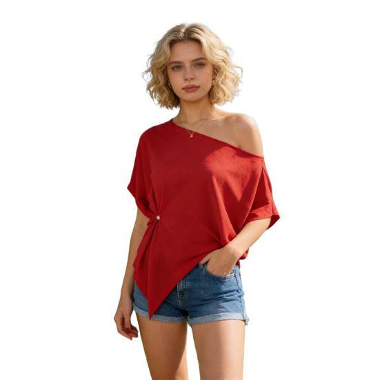 

Women T-shirt Skew Collar Batwing Short Sleeve Waist Tight Design Tee Shirt Pure Color Loose Fit Soft Stretchy S красный