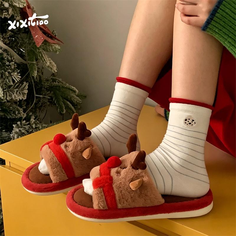 Christmas Reindeer Cartoon Plush Slippers Men Women Winter Comfortable Light Bedroom Shoes Furry Home Open-toed Slides