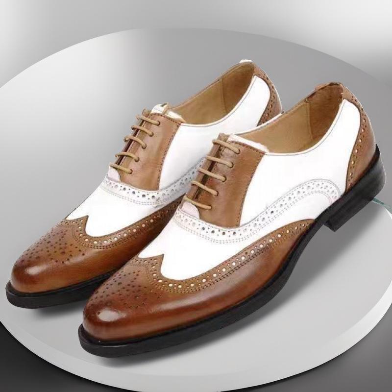 Men's Brogue Leather Shoes: Large Size, Color-Block, Trendy Formal Footwear