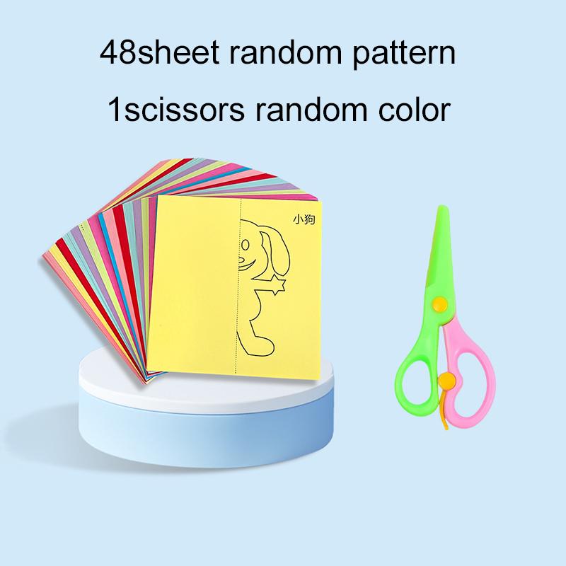 

48/96sheets Paper Cuttings with Scissors Handmade DIY Colored Paper Painting Art Handicrafts Student School Office Supply TMZ