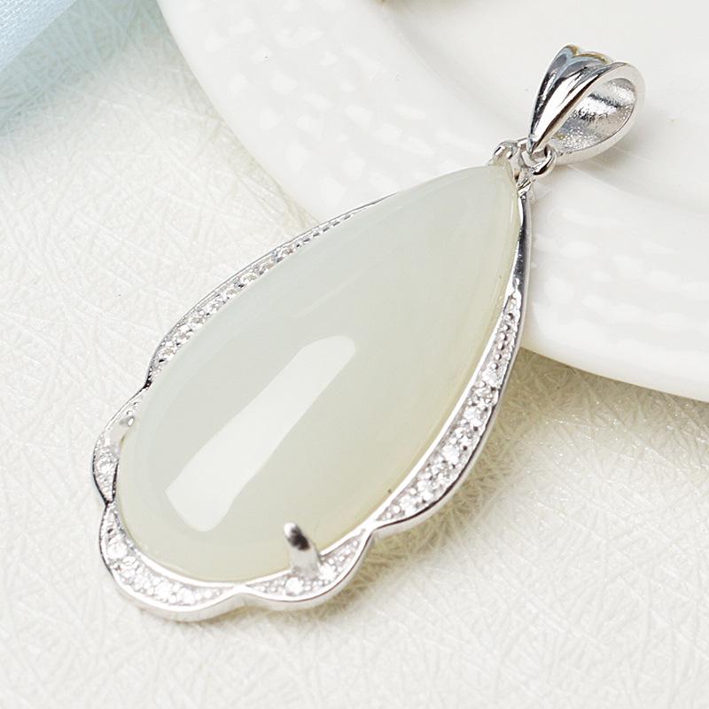 Sterling Silver Teardrop Hetian Jade Pendant Charm with Certificate - New Chinese Style, 925 Silver