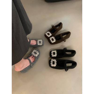 Damskie temperamentne buty Mary Jane damskie aksamitne francuski wieczorny powiew kwadratowy nosek cyrkonie wełniane buty damskie zimowe płaskie buty