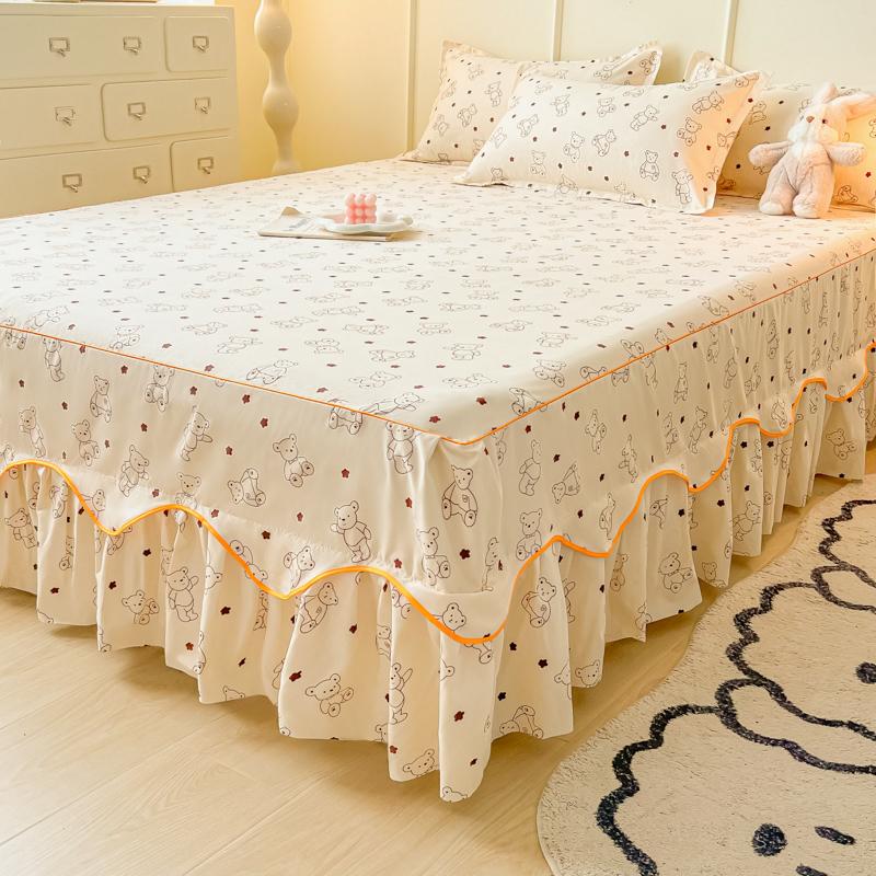 Printed Bed Skirt with Pillowcase Queen Size Bed Cover Set Ruffles Mattress Protector Home Bed Linen Soft Bedspread Jupe De Lit