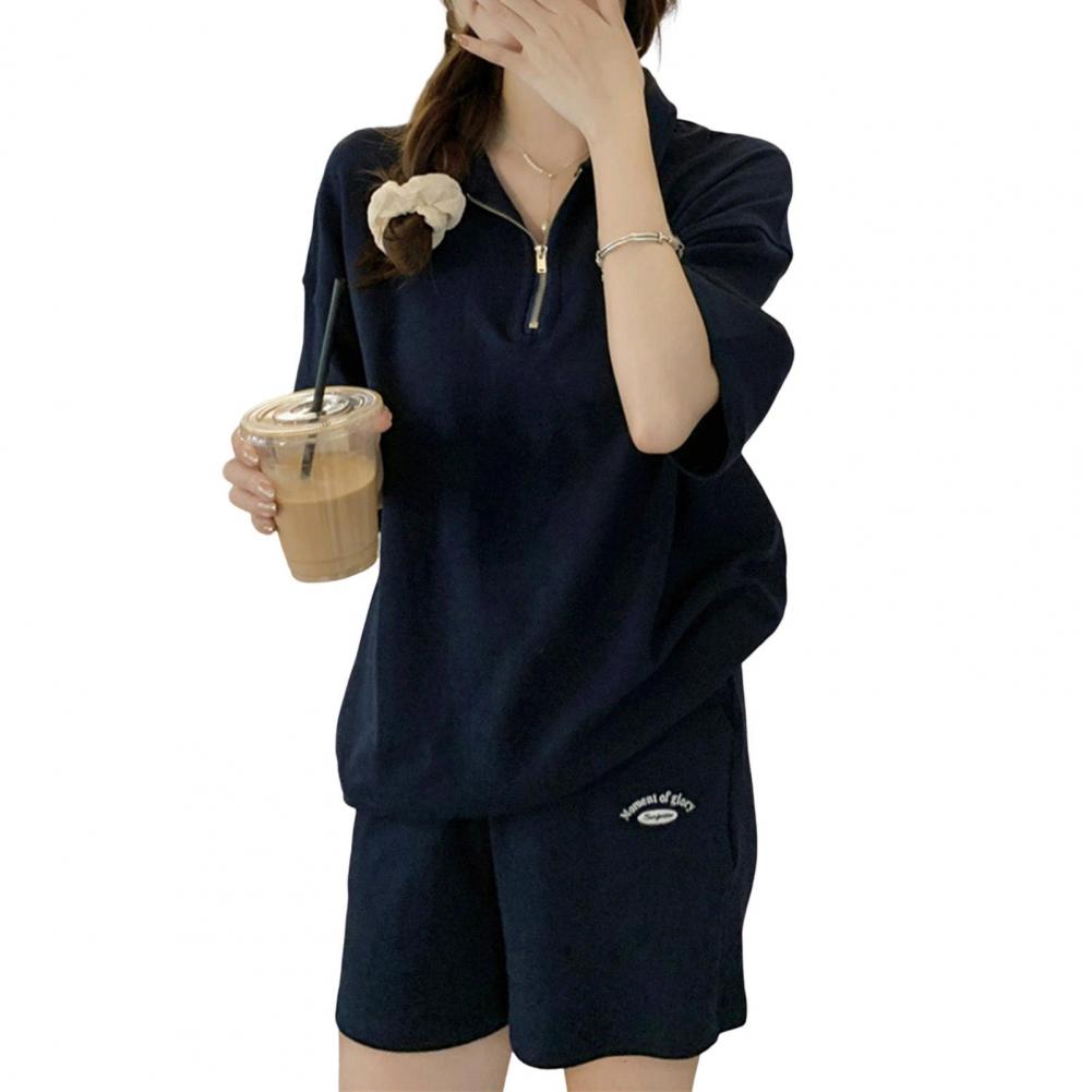 2 Pcs/Set Women Summer Sweatshirt Pants Set Short Sleeve Zippered Turn-down Collar Top Drawstring Elastic Waist Loose Sweatpants