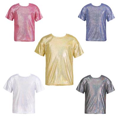 Kinderen Unisex Dans Top Jongens en Meisjes Podiumkostuum Glanzend Metallic T-shirt Glinsterende Blouse Top