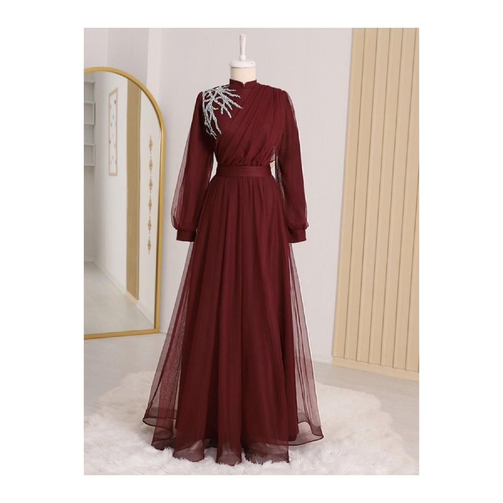 Draped Belted Tulle Evening Dress With Stone Detail On The Front