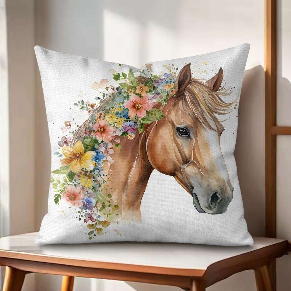 Watercolor Horse  Floral Cushion Cover Natural Linen Organic Fabric DoubleSided Printing Couch Pillow Covers Home Decor
