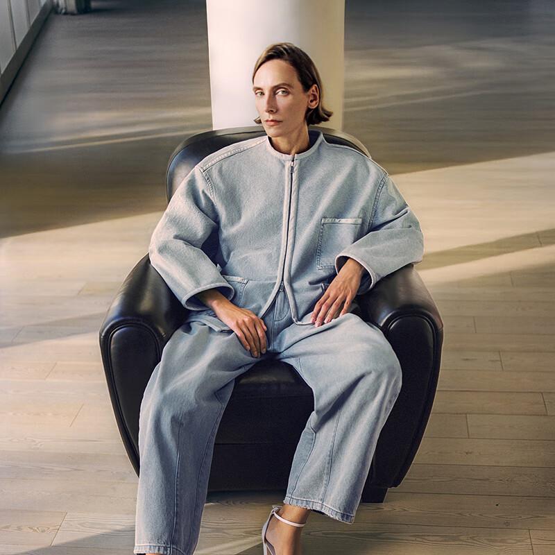 

LESS 2025 Spring Collarless Long Denim Jacket M