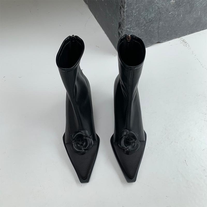 2024 Autumn/Winter French Floral Stiletto Ankle Boots - Women's Pointed Toe Elastic High Heel