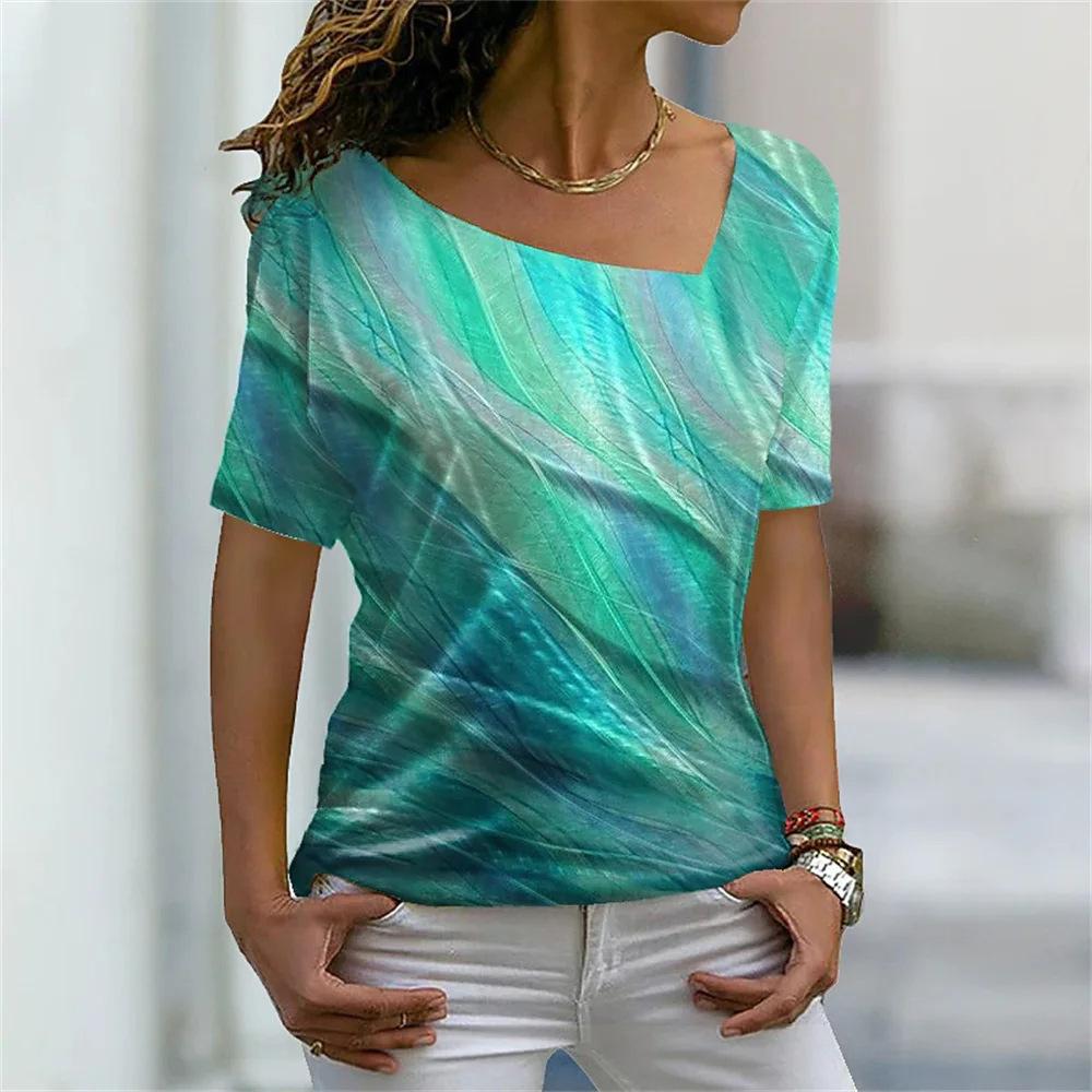 Women's Short Sleeved T-shirt with Slanted Neckline Pattern and Digital 3D Printed Women's T-shirts