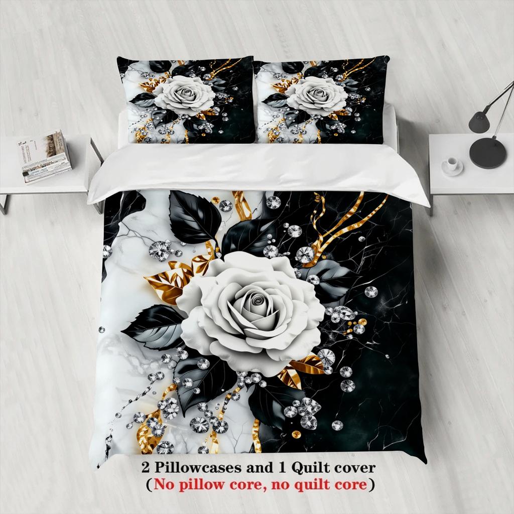 3pcs Rose Flower Bedding Sets 3D Printed Black White Gold Floral Duvet Cover Sets With Pillowcases No Filling Luxury For Women