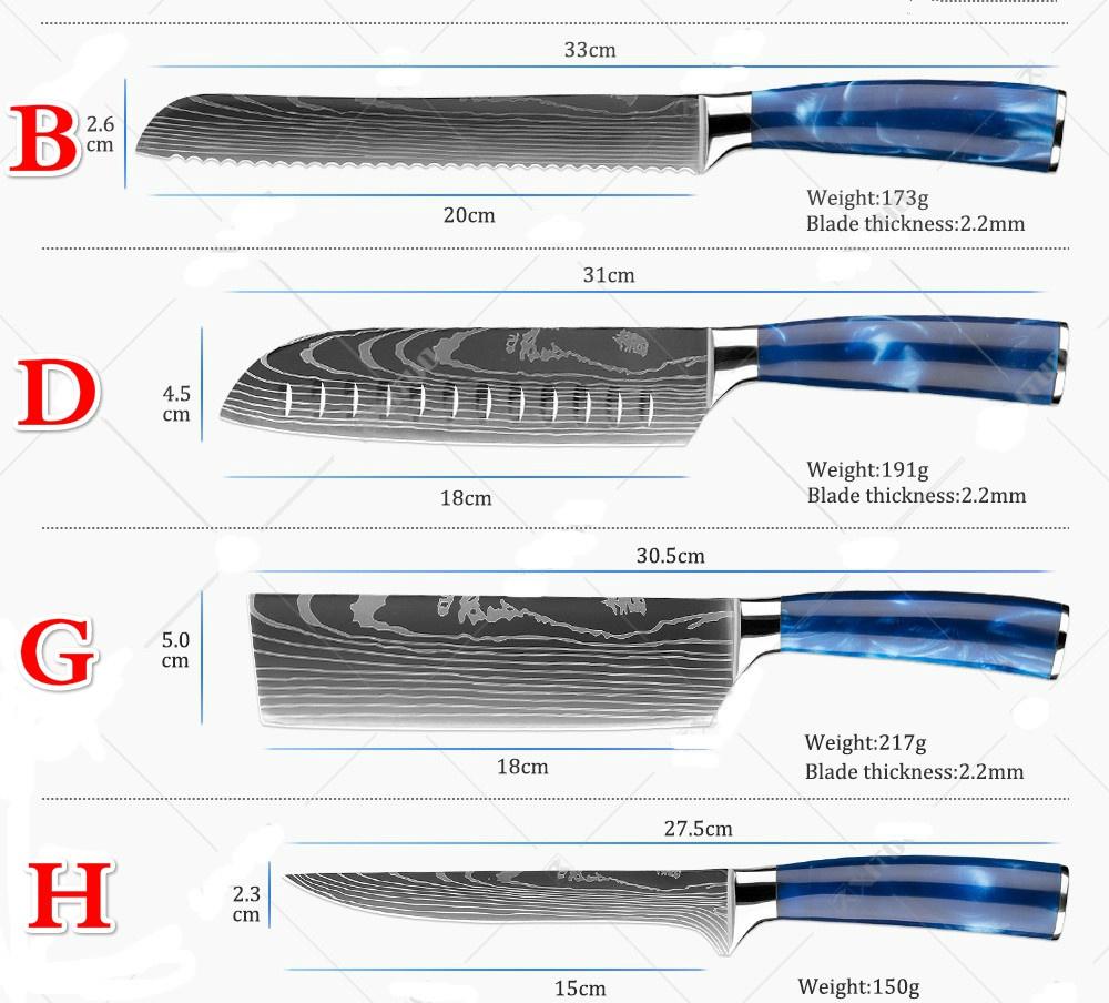 Cuțite din oțel inoxidabil Set 10 bucăți Imitație model Damasc Cuțite de bucătărie Santoku Cuțite de tăiat cuțite cu capac pentru cuțite