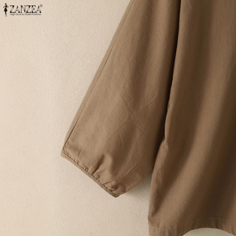 ZANZEA Vintage Womens V Neck Tie Front Blouse with 3/4 Puff Sleeve Casual Loose Tunic Tops