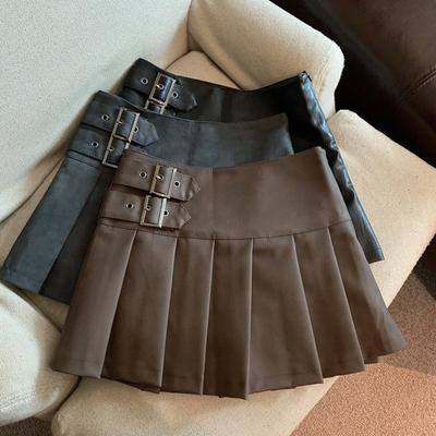 Spring and Autumn Women's  Pu Leather Mini Skirts Women Streetwear High Waist Pleated Skirt Vintage Slim Casual A Line Skirts