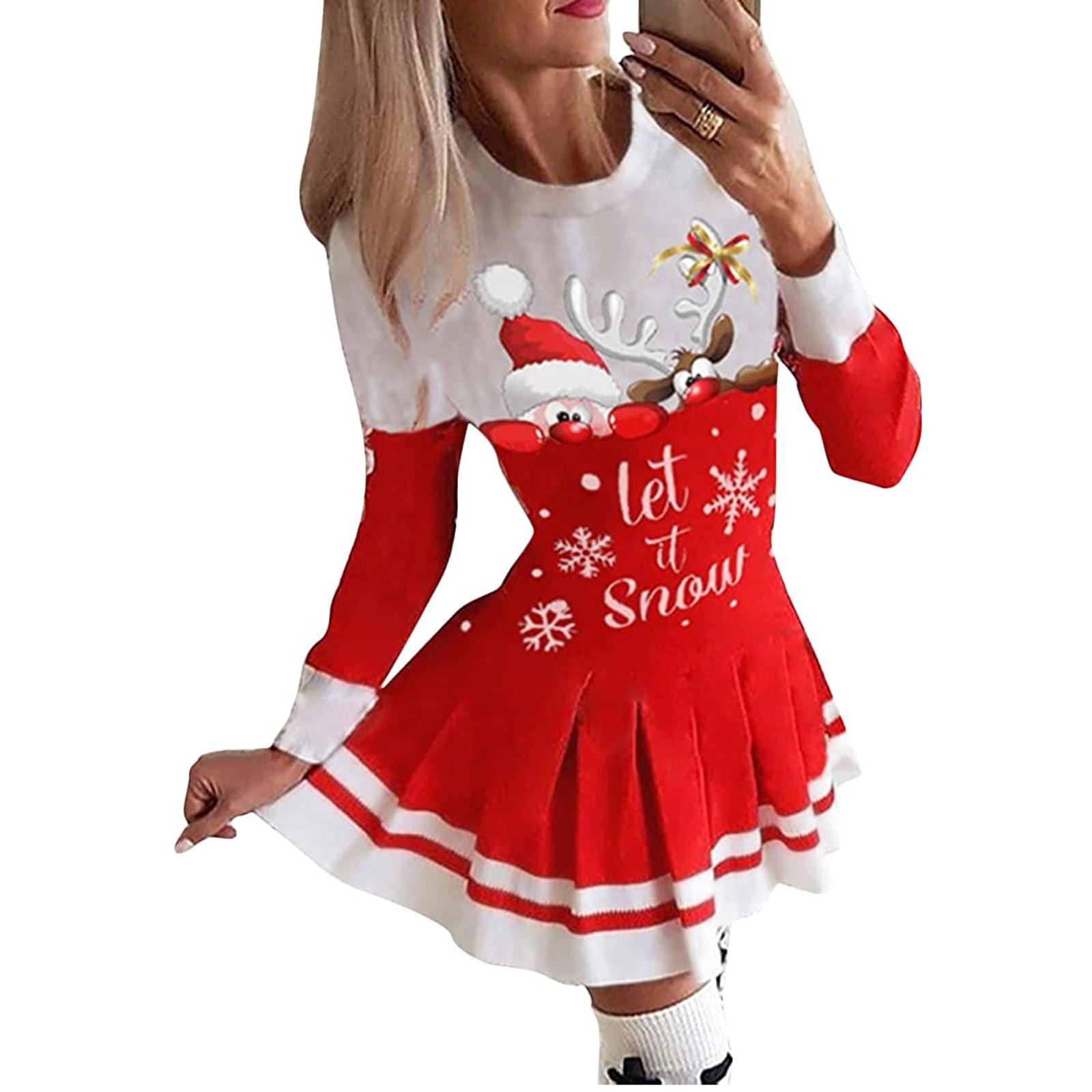 

Женское рождественское платье с круглым вырезом и длинными рукавами в стиле пэчворк M